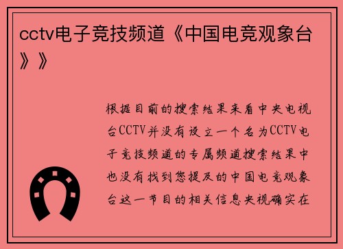 cctv电子竞技频道《中国电竞观象台》》